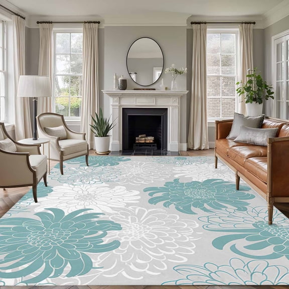 Turquoise White Floral Large Area Rug 8x10 FT, Non Slip Living Room Throw Carpet, Elegant Chrysanthemum Farmhouse Washable Soft Indoor Outdoor Carpet Non-Shedding Rug for Bedroom Dining Room