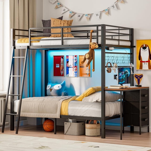 ARICOEASY Twin Over Twin Bunk Bed with Desk and 3 Storage Drawers, Metal Bunk Beds with Power Outlets and LED Lights, Black