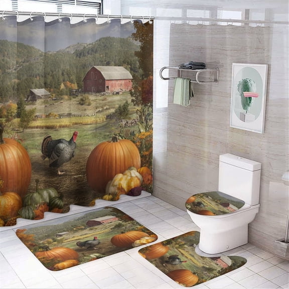 4 Piece Shower Curtain Sets Rustic Autumn Farm Turkey Pumpkins Harvest Shower Curtain and Rugs Shower Curtain Set Fall Decor Grateful Thanksgiving 12 Hooks for Bathtub Decor 72inch X 72inch