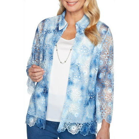 Alfred Dunner Womens Pearls of Wisdom Tie Dye Crochet Top