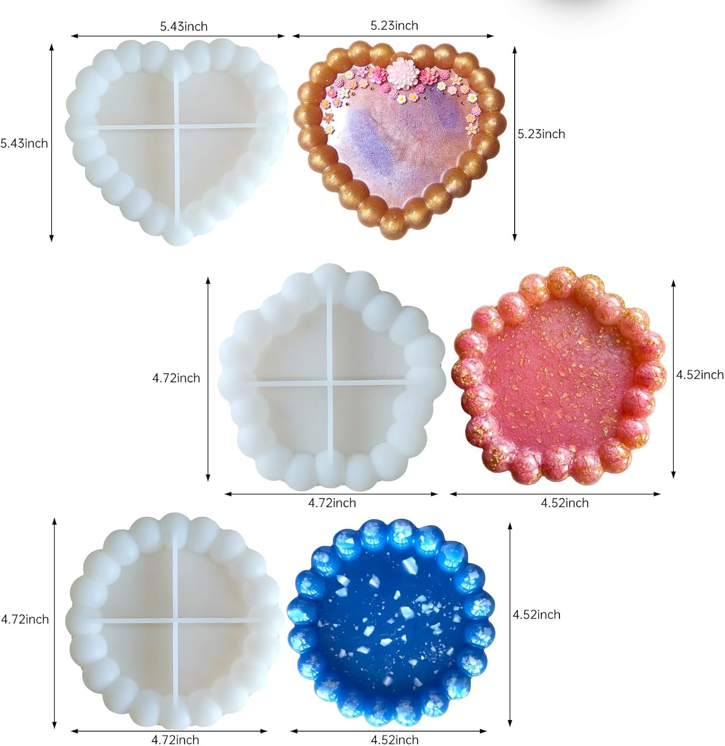 ABCISI 3 Pcs Bubble Coaster Silicone Mold, Durable Epoxy Resin Bubble Molds for Resin Heart Round Pentagonal Shape, Used for Coasters Bowl mats, Candle Holders, Home Decoration, Valentine's Day Gifts