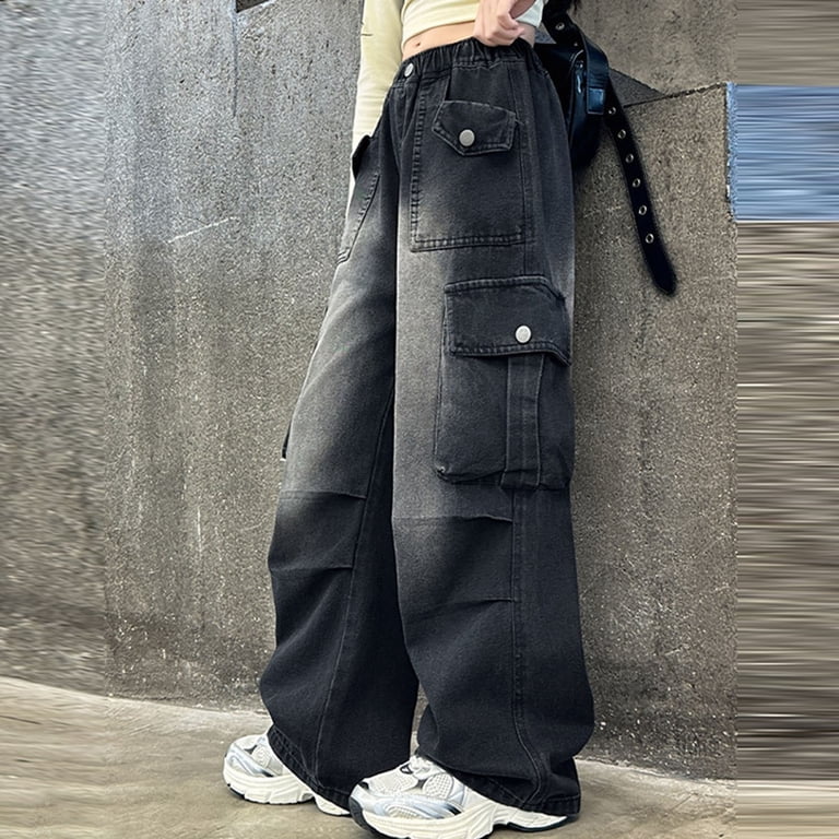 EnJoCho Girls Plus Size Cargo Jeans Straight Wide Leg Denim Pants