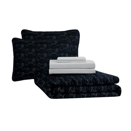 YOUR ZONE KIDS BLACK AND GRAY REVERSIBLE QUILT SET WITH GRAY SHEETS, GAMER, FULL, 7 PIECE, MICROFIBER POLYESTER