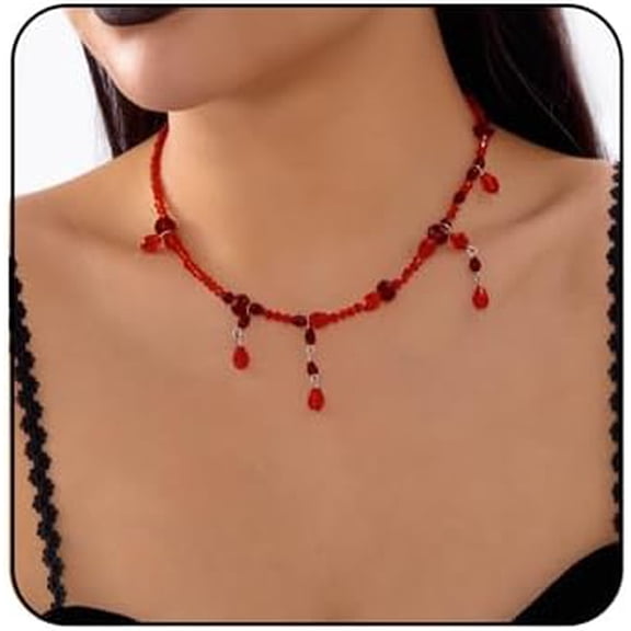 Gothic Blood Drop Necklace for Women Vintage Vampire Tassels Necklace Halloween Red Bead Necklaces Punk Style Necklaces Mystic Witch Jewelry Gift Accessories