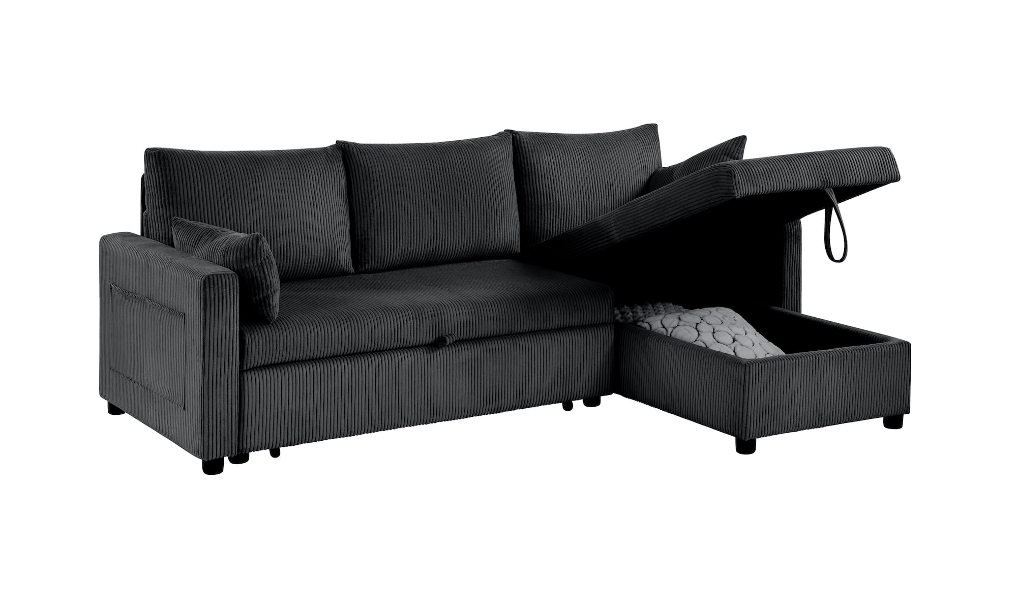 Xiweot 85" Sectional Sleeper Sofa Bed, L Shaped Couch with Pull Out Bed & Storage Chaise, Corduroy 3 Seat Sectional Couch for Living Room Apartment Small Space (Black)
