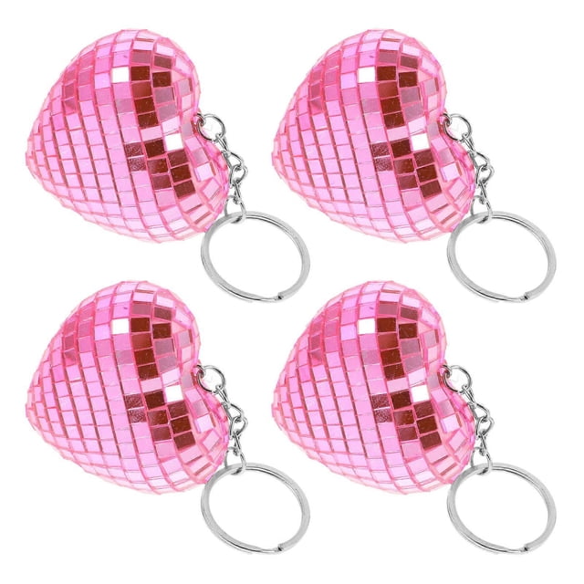 Disco Ball Keychain Heart-Shaped Hanging Decoration Party Favors Pink Plastic Pvc Glass Iron 4Pcs