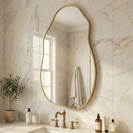 Asymmetrical Wall Mirror 36"x20", Large Irregular Wavy Mirror for Bathroom Vanity, Matte Gold Rust Proof Aluminum Frame, Tempered Glass Horizontal or Vertical Hanging for Living Room Decor