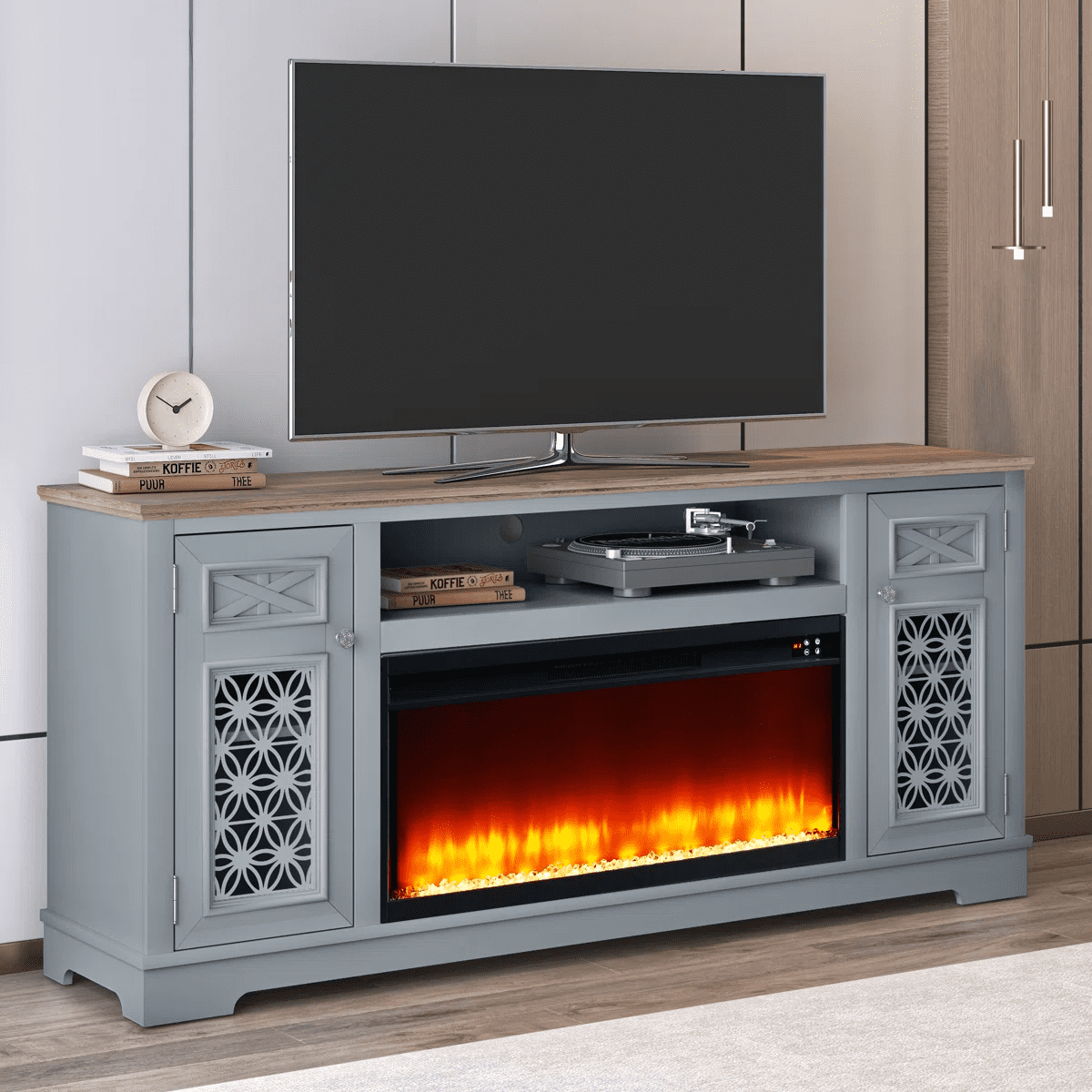 Joy River 70" TV Stand with 36" Electric Fireplace-Grey