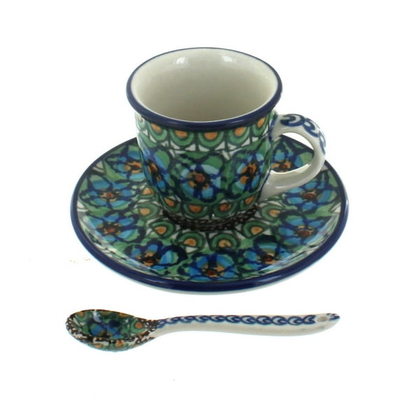Blue Rose Polish Pottery Mardi Gras Espresso Cup & Saucer with Spoon