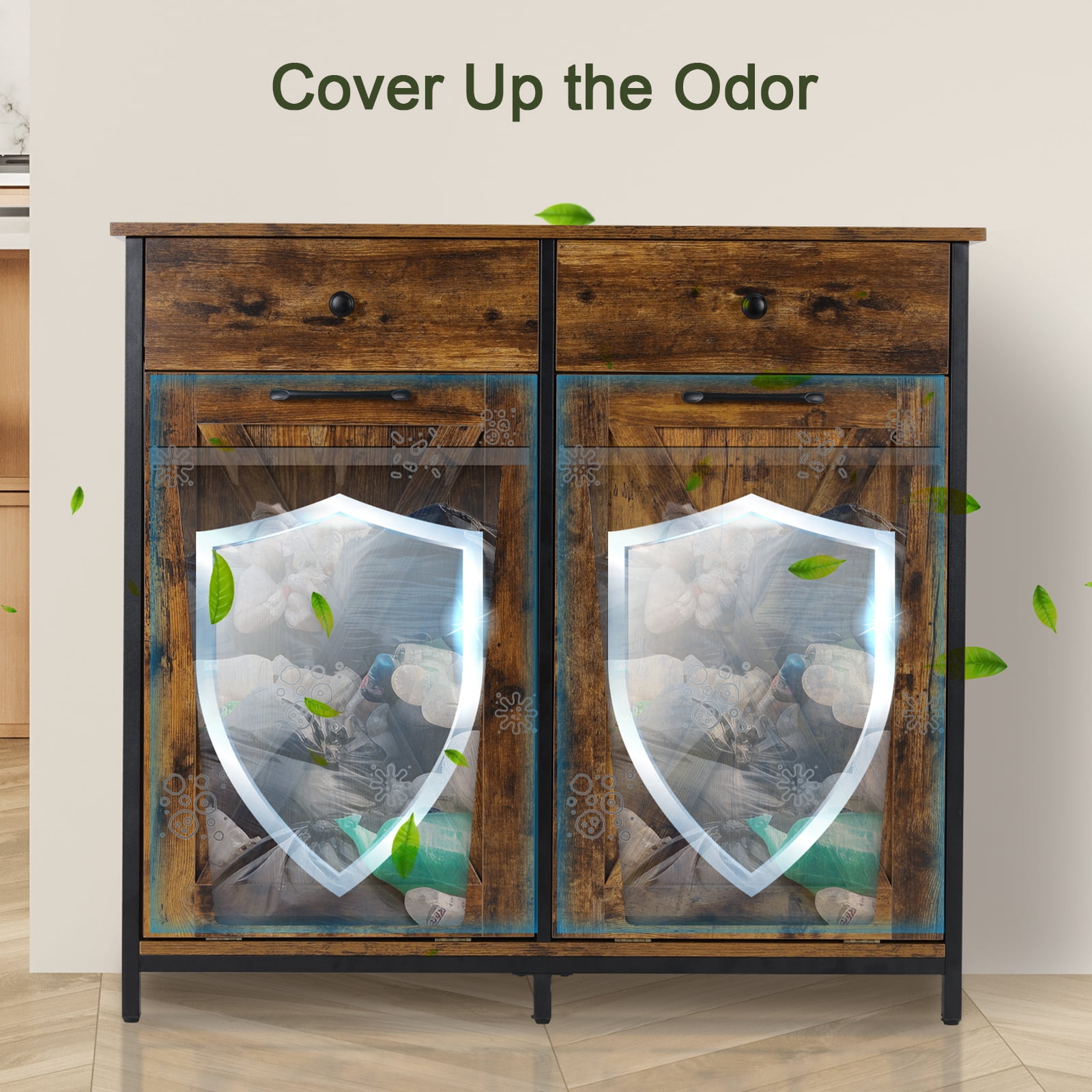 LAZY BUDDY Double Tilt Out Trash Cabinet, Wooden 20 Gallon Kitchen Garbage Can Holder Free Standing