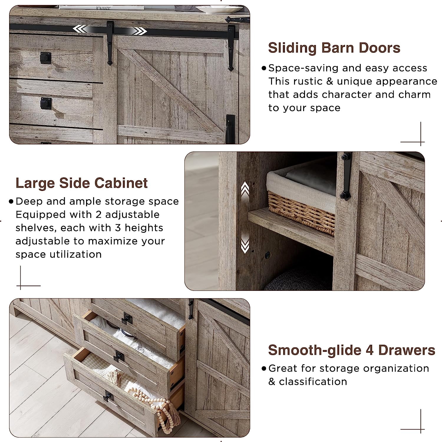 OKD 60" Farmhouse Dresser 4 Drawer Modern Storage Cabinet with Sliding Barn Door for Bedroom, Chest of Drawers Wood Organizer TV Stand for Living Room, Light Rustic Oak