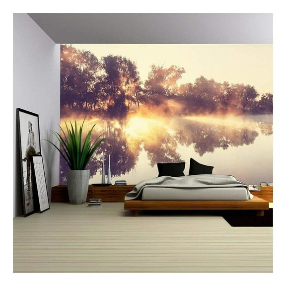 wall26 - Unusual River Fog in Summer Season - Removable Wall Mural | Self-Adhesive Large Wallpaper - 100x144 inches