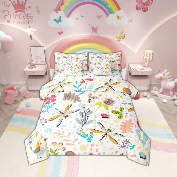 Erosebridal Dragonfly Twin Size Comforter Set With Sheets Cute Dragonfly Bed In A Bag 7 Piece ,Cartoon Woodland Bedding Set,Nature Botanical Floral Sheet Set With Comforter