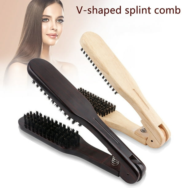 Peine para Alisar Cabello con Cerdas de Madera | Diseño de Horquilla en V | Mango Ergonómico | Pinza Antiestática de Cepillo Doble | Alisa Cabello Encrespado, Grueso, Ondulado, Seco y Dañado | Uso