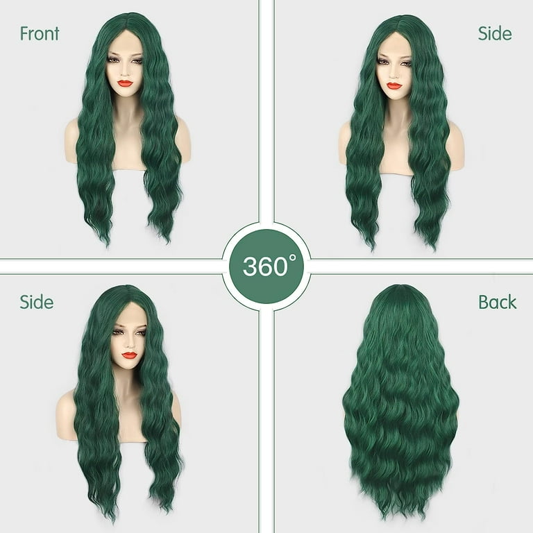 MORICA Green Wigs For Women Long Wavy Synthetic Green Wig Dark Green Wig Cosplay Emerald Green Wig Daily Party Use Heat Resistant Fiber Wig