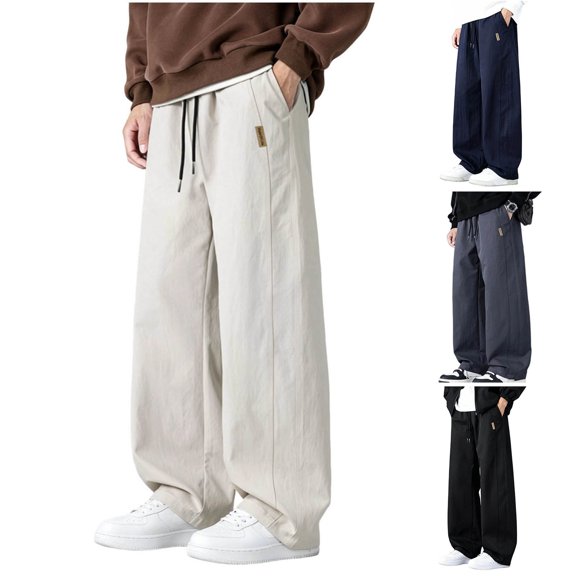 PNTUTB Men's Wide-leg Pants Elastic Waist Drawstring Trousers Solid Color Loose Casual Comfort Streetwear Pants with Pockets