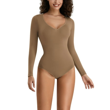 YouLoveIt Women s One Piece Bodysuits One Piece Long Sleeve Sweetheart V Neck Tops Bodysuits Tummy Control Long Sleeve Bodysuit for Women Seamless
