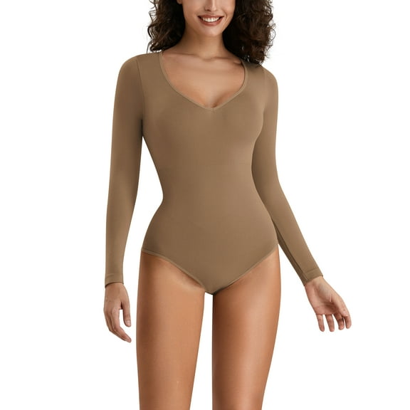 YouLoveIt Women's One Piece Shapewear V-Neck Long Sleevee Stretchy Basic Bodysuit Shirt V Neck Shapewear Bodysuit Tops for Women Body Shaper Jumpsuit