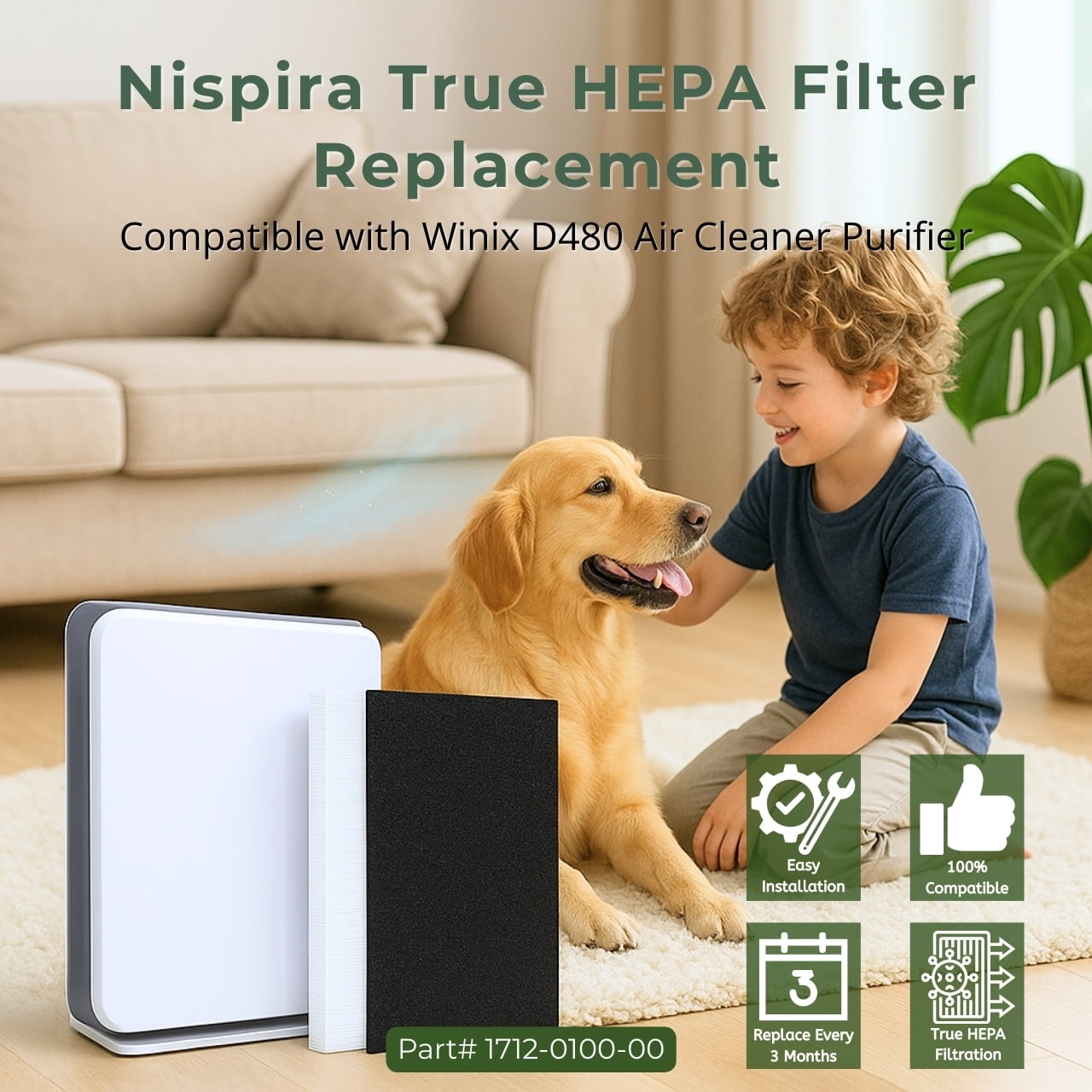 Nispira D480 Replacement Filter Set Compatible with Winix D480 Air Purifier, Replaces Part 1712-0100-00, Includes 1 HEPA Filter and 4 Carbon Filters, 2 Set