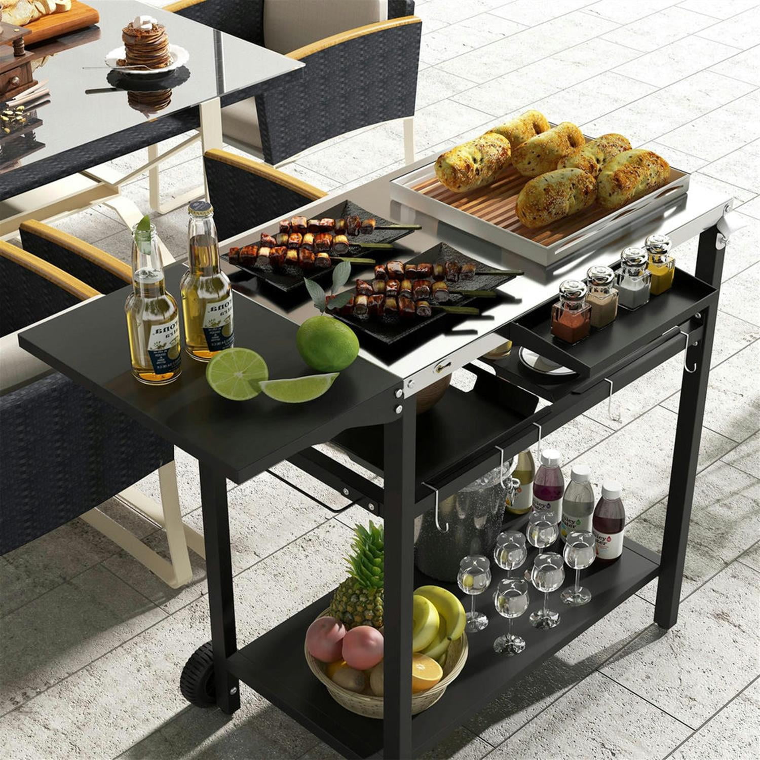 Demi Bonn 2-Tier Outdoor Bar Cart, Sturdy Stainless Steel Patio Serving Trolley for Poolside, Garden Accessories, Easy Assembly, Black