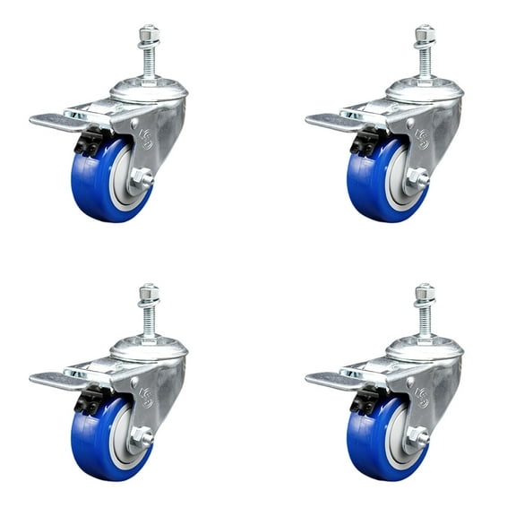 3 Inch SS Blue Polyurethane 10mm Threaded Stem Caster Set Total Lock Brake
