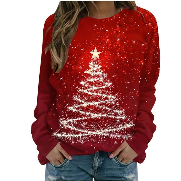 Ecqkame Sweatshirt for Women Christmas Print Crew Neck Raglan Long Sleeve Sweatshirts Loose Holiday Casual Versatile Pullover Top Red XXL