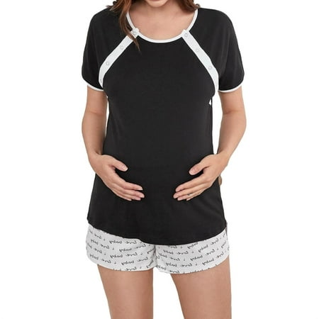 

Maternity Loungewear Nursing Top Adjustable Elastic Waist Shorts PJ Set Black and White XL