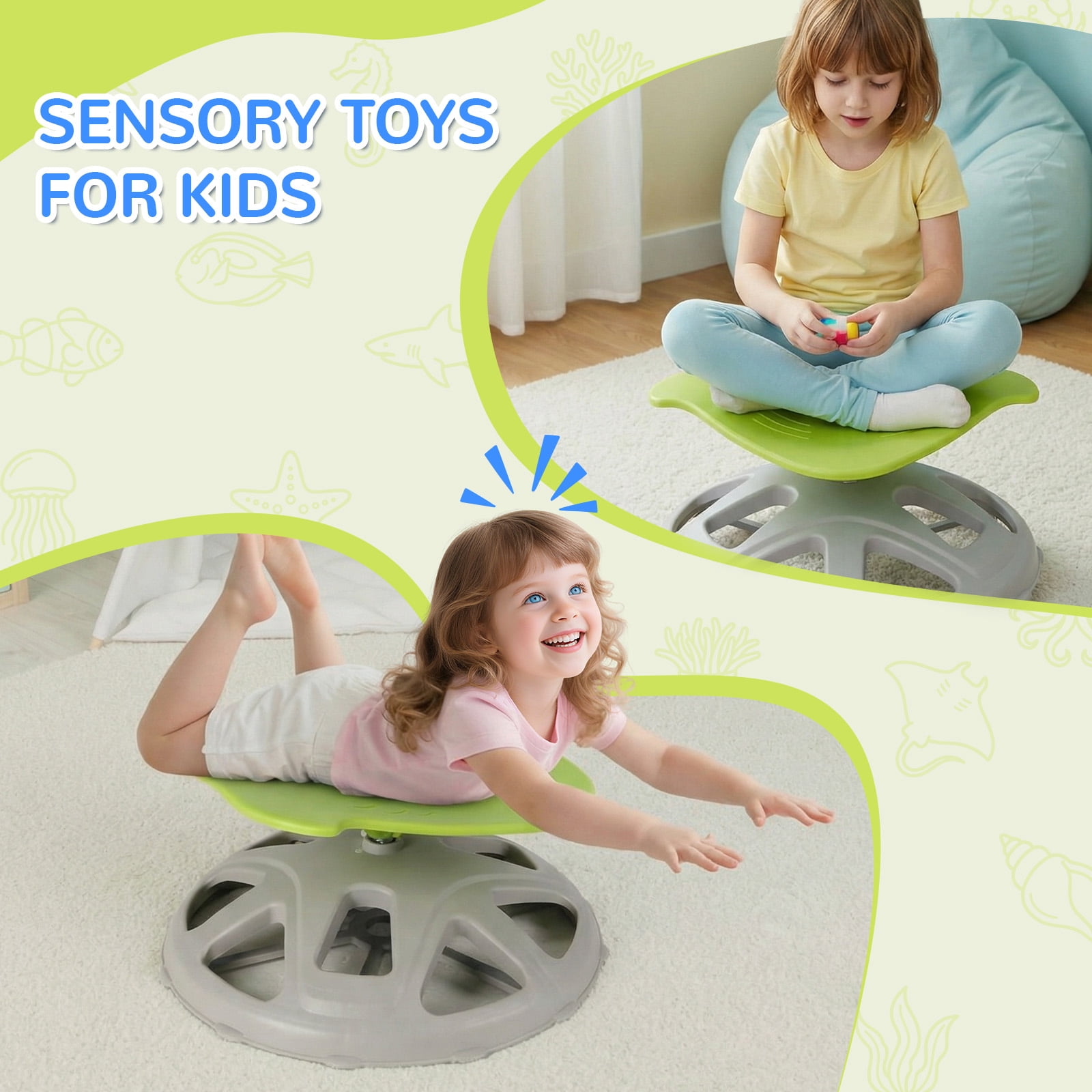 TLSUNNY Spinning Chair for Autistic Kids, Manta-Shaped Sensory Swivel Chair, 360° Sit and Spin Toys w/Upgraded Base, Body Coordination, 220 LBS Load