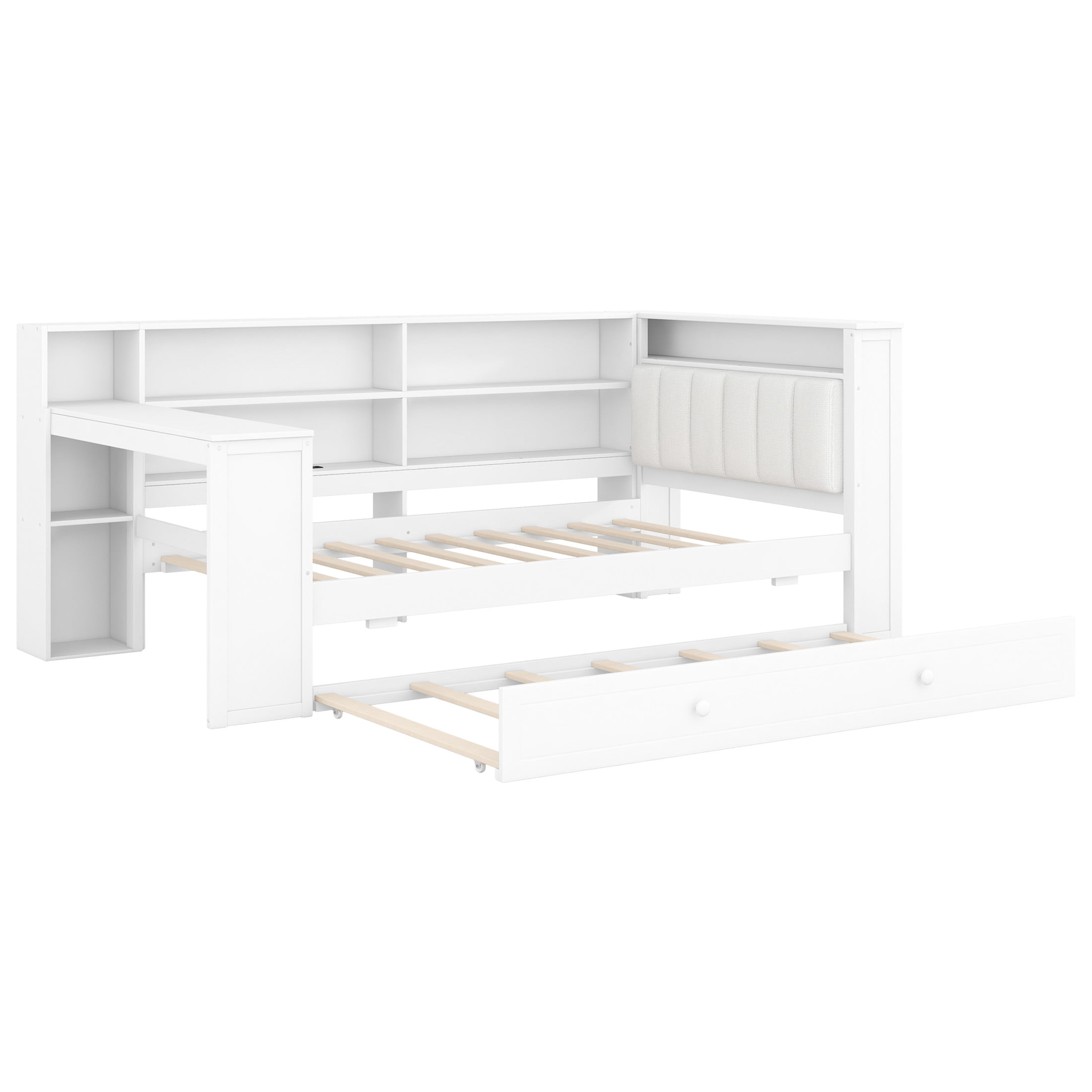 Noble House Twin Platform Bed with Upholstered Headboard, Extra Trundle, Storage Shelves and Charging Station, White