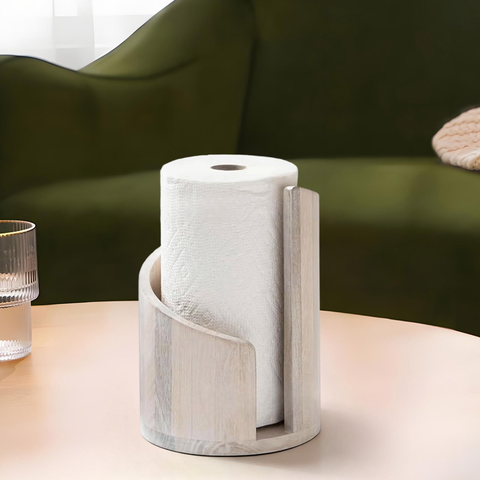Paper Towel Holder Countertop with Wood Round Base and Iron Holder,Wood and Metal Paper Towel Holders Countertop,Spiral Design Decorative Storage Box for Bathroom