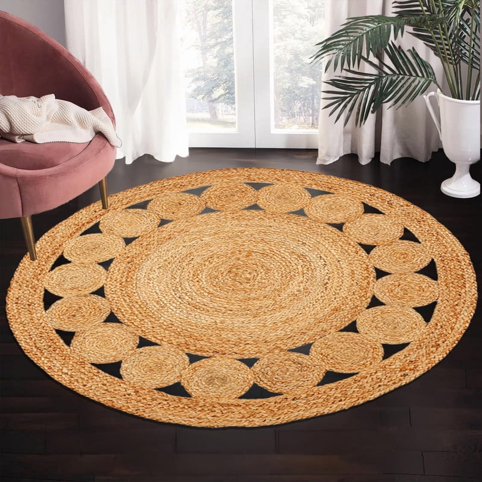 Boho Farmhouse Jute Circle Rug, Reversible Rustic Coastal Area Mat Natural Jute_6A, 2 FT