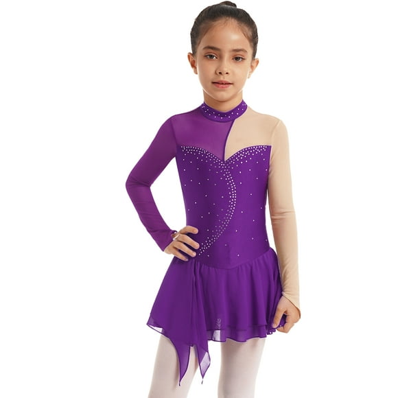 Aislor Kids Girls Shiny Rhinestone Long Sleeve Color Block Figure Ice Skating Dress Gymnastics Ballet Dance Dress Dancewear Purple 6