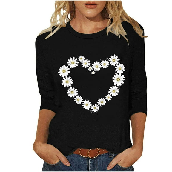 Womens 3/4 Length Sleeve Tops Plus Size Cute Daisy Heart Graphic Tee Shirts Round Neck Basic Tunic 2026 Fashion