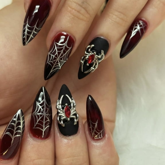 Yoyauz 24PCS French Pointed Nail, Fake Nail, Needle Nail, And Halloween Black Spider Design Charm Acrylic Nails Suitable For Girls And Women