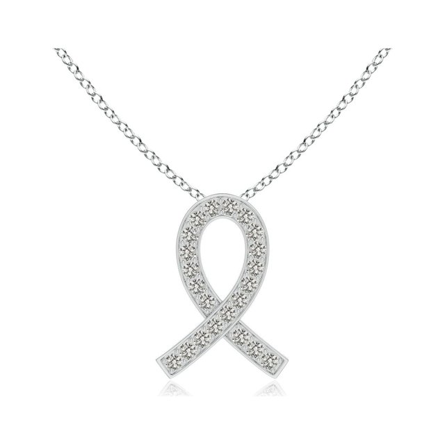 Angara Natural Diamond Necklace - Pave-Set Diamond Awareness Ribbon Pendant in 14K White Gold for Women