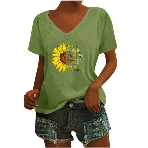 Women's Sunflower T Shirts Cotton Blend Summer Cute Graphic Short Sleeve Tees V Neck Letter Print Casual Tops (XL, Green)
