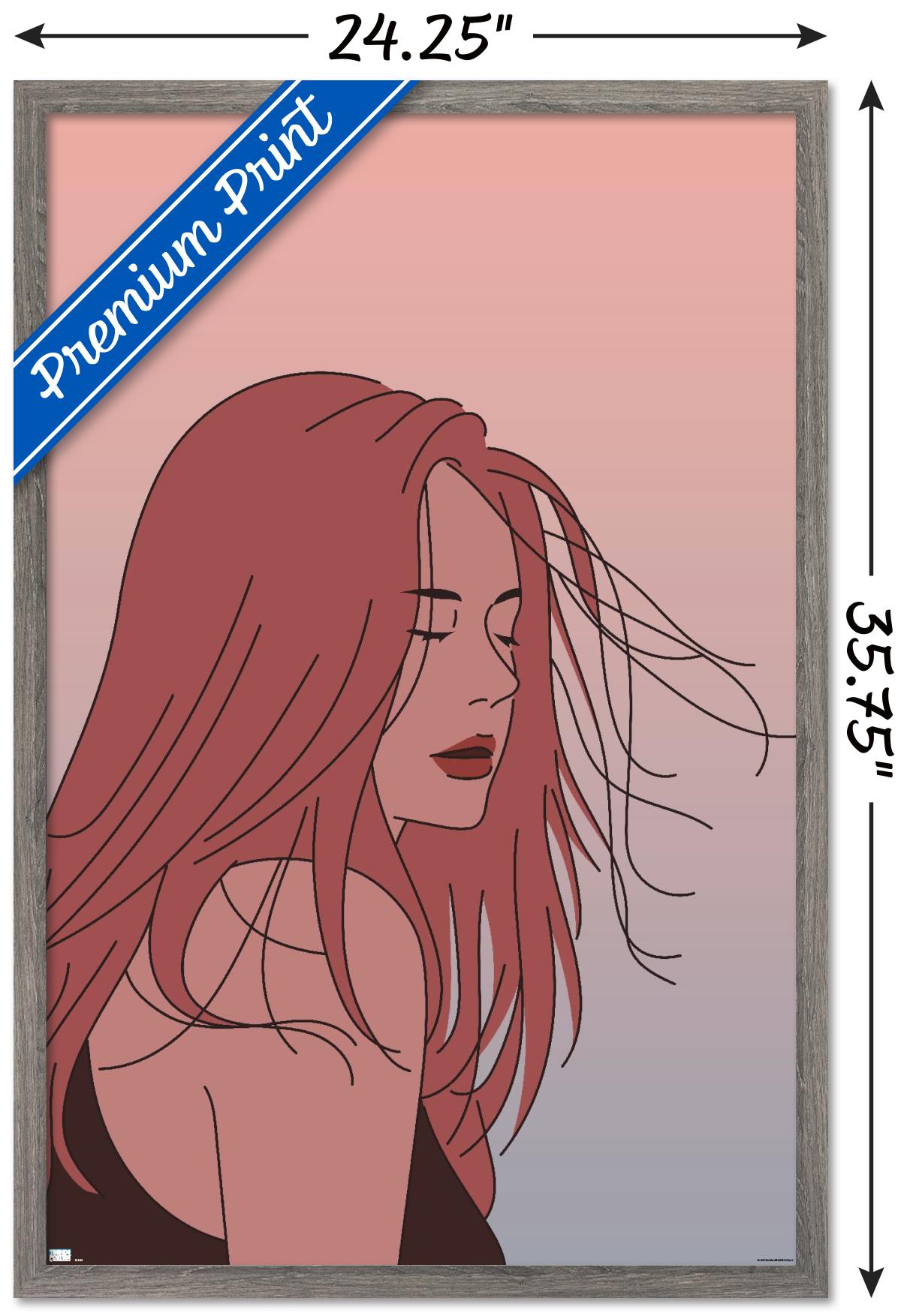 Hand Drawn Woman With Blowing Hair Wall Poster, 22.375" x 34" Framed