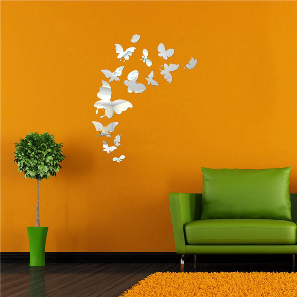 New 14pcs Butterfly Fashion DIY 3D Mirror Wall Sticker Clock Home Decoration 