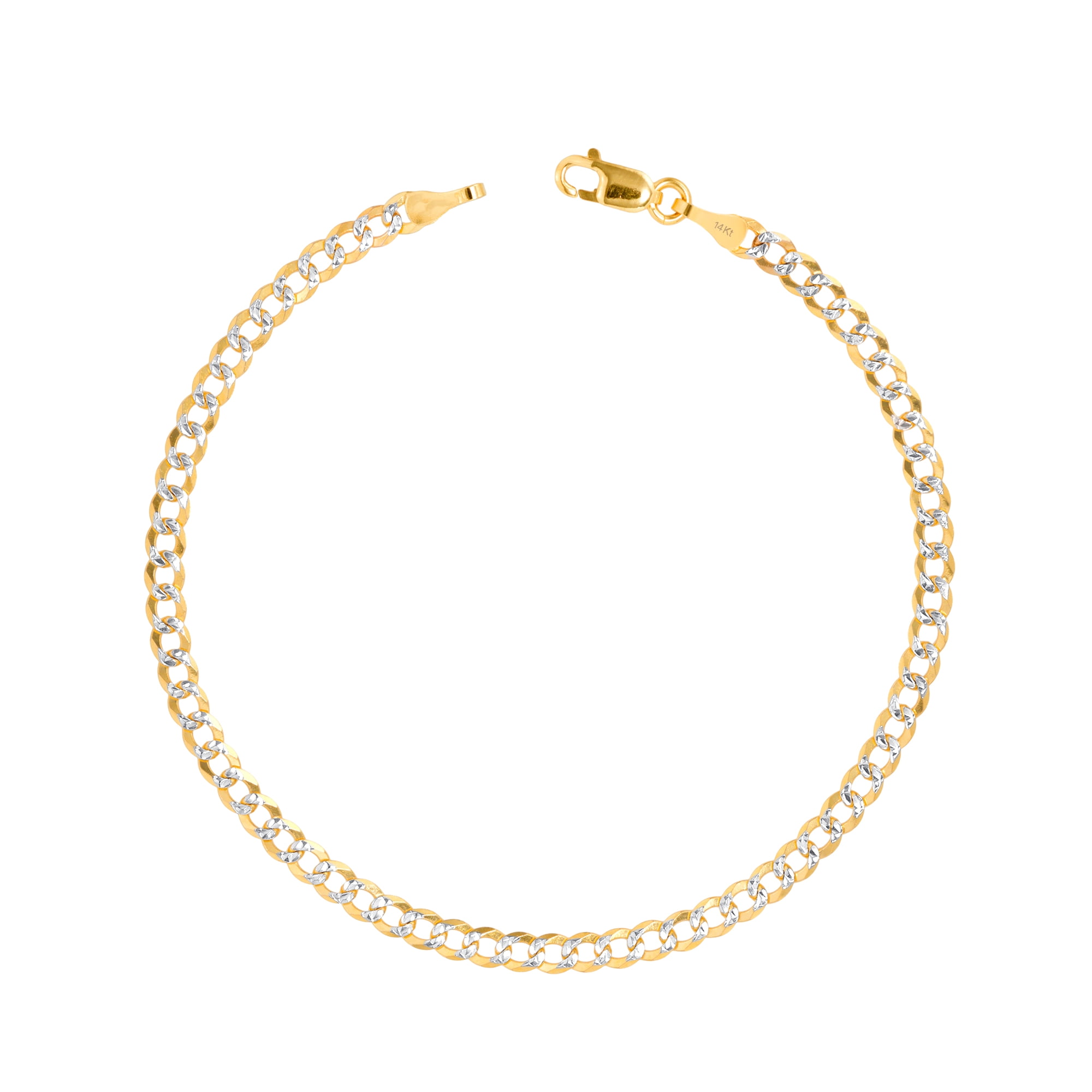 Nuragold 14k Real Yellow Gold Solid Cuban Curb Link 3mm Diamond Cut Pave Chain Bracelet (7"-9") Two Tone Italian Jewelry for Men & Women