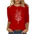 thumbnail image 1 of HKEJIAOI Chandail à Col Rond pour Femmes, Manches 3/4, T-Shirts Graphiques Mignons avec Fleurs, Décontracté, Été, Rouge G, 1 of 4