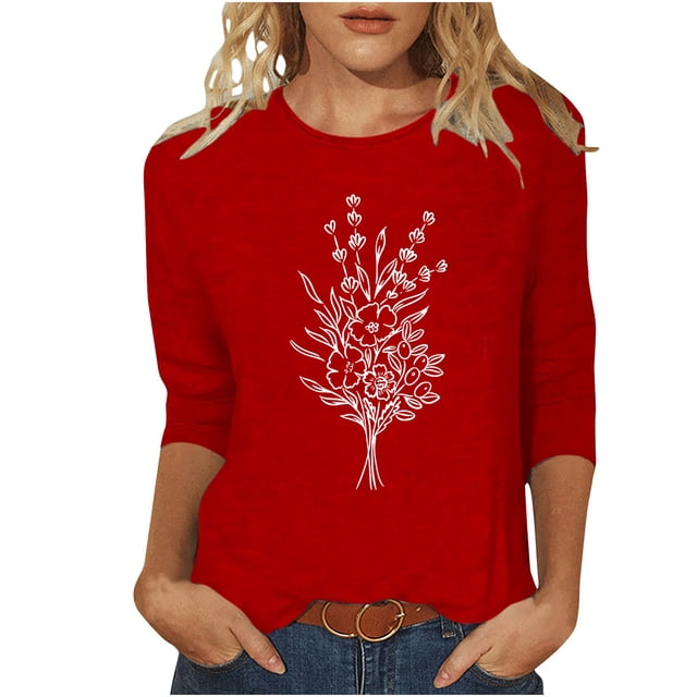 HKEJIAOI Chandail à Col Rond pour Femmes, Manches 3/4, T-Shirts Graphiques Mignons avec Fleurs, Décontracté, Été, Rouge G