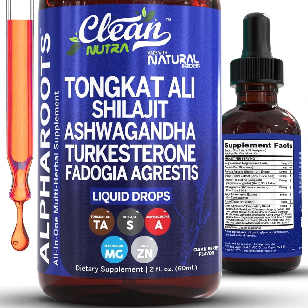 Clean Nutraceuticals Alpha Roots with Tongkat Ali Shilajit Ashwagandha Turkesterone Fadogia Agrestis Liquid Drops 2oz - 1 Pack
