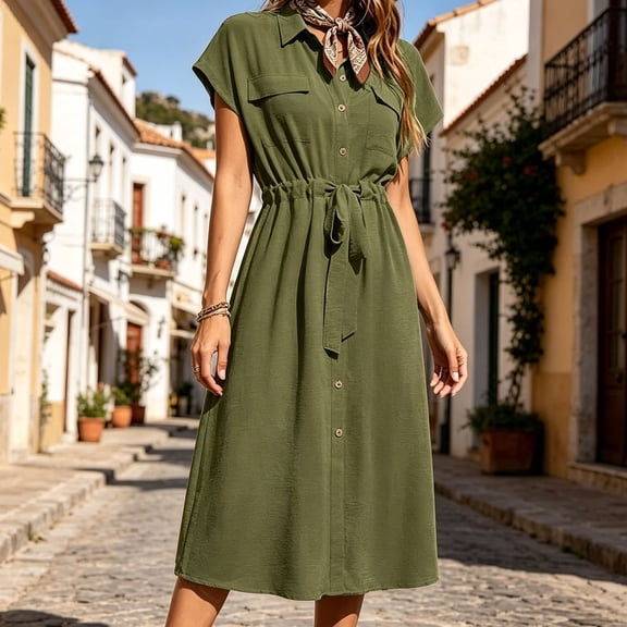 ClodeEU Women's Collar Cap Sleeve Drawstring Waist Button Midi Shirt Dress,Casual Summer Dress Army Green,Women's Plus L