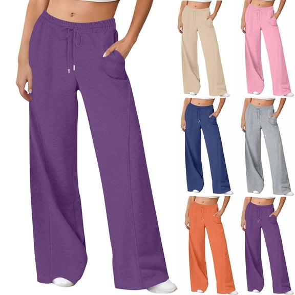 Women's Plus Size Casual Wide Leg Pants Solid-Color Relaxed-Fit Drawstring Waist Sweatpants with Pockets