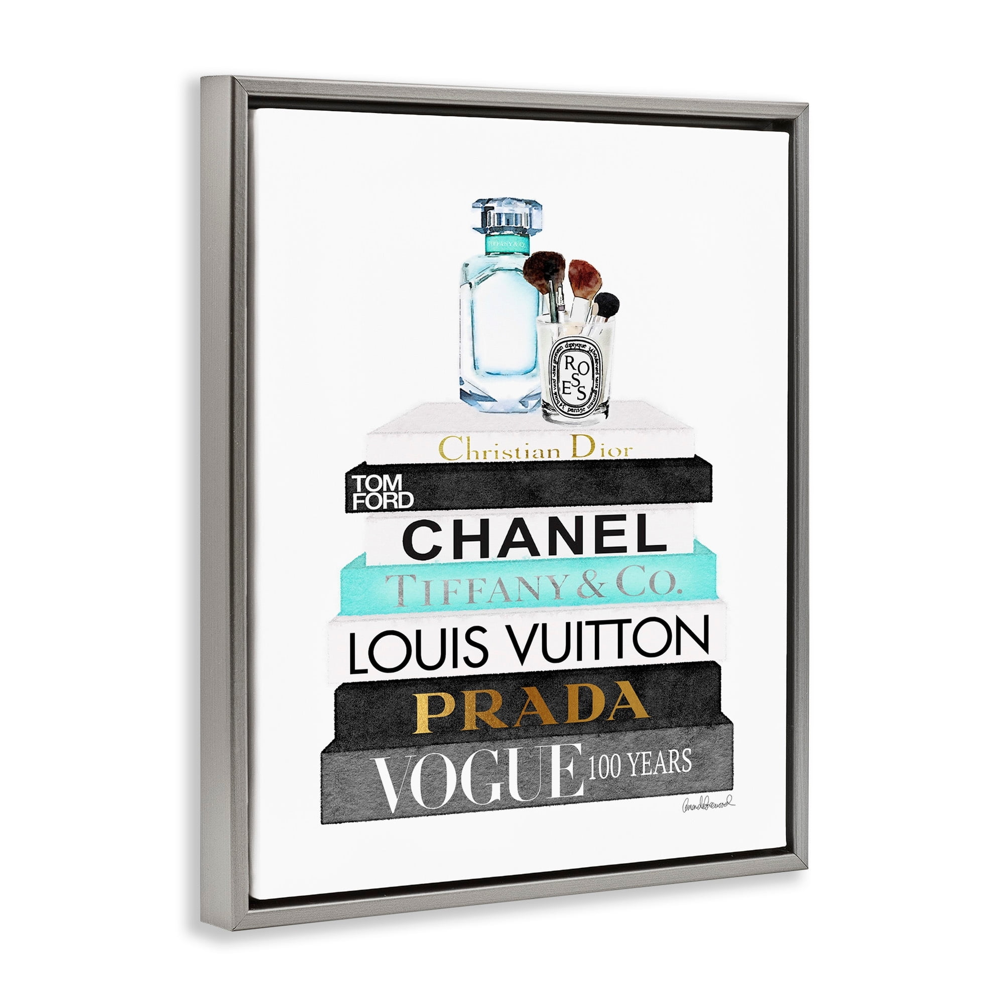 Stupell Industries Book Stack Perfume Brushes Glam Fashion Watercolor Luster Gray Framed Floating Canvas Wall Art, 24x30, by Amanda Greenwood
