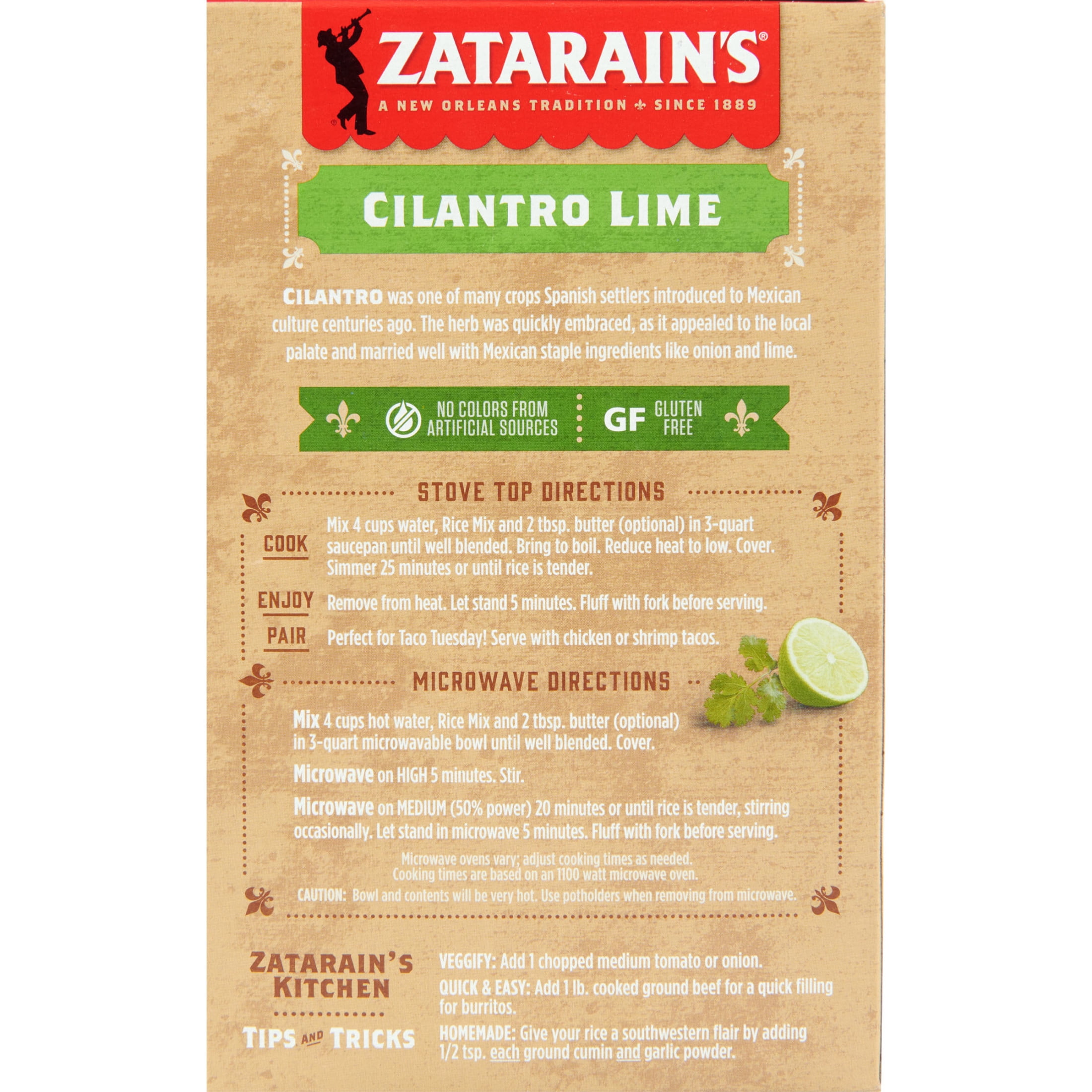 (2 pack) Zatarain's No Artificial Flavors Gluten Free Cilantro Lime Rice, 15.0 oz Box