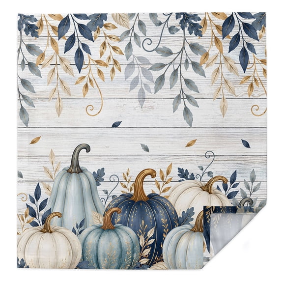 Fall Harvest Cloth Napkins Set of 1 Blue and White Pumpkins Eucalyptus Leaves Wood Grain Soft Washable Square Dinner Napkins for Party Wedding Restaurant Hotel Cocktail 20x20 Inch