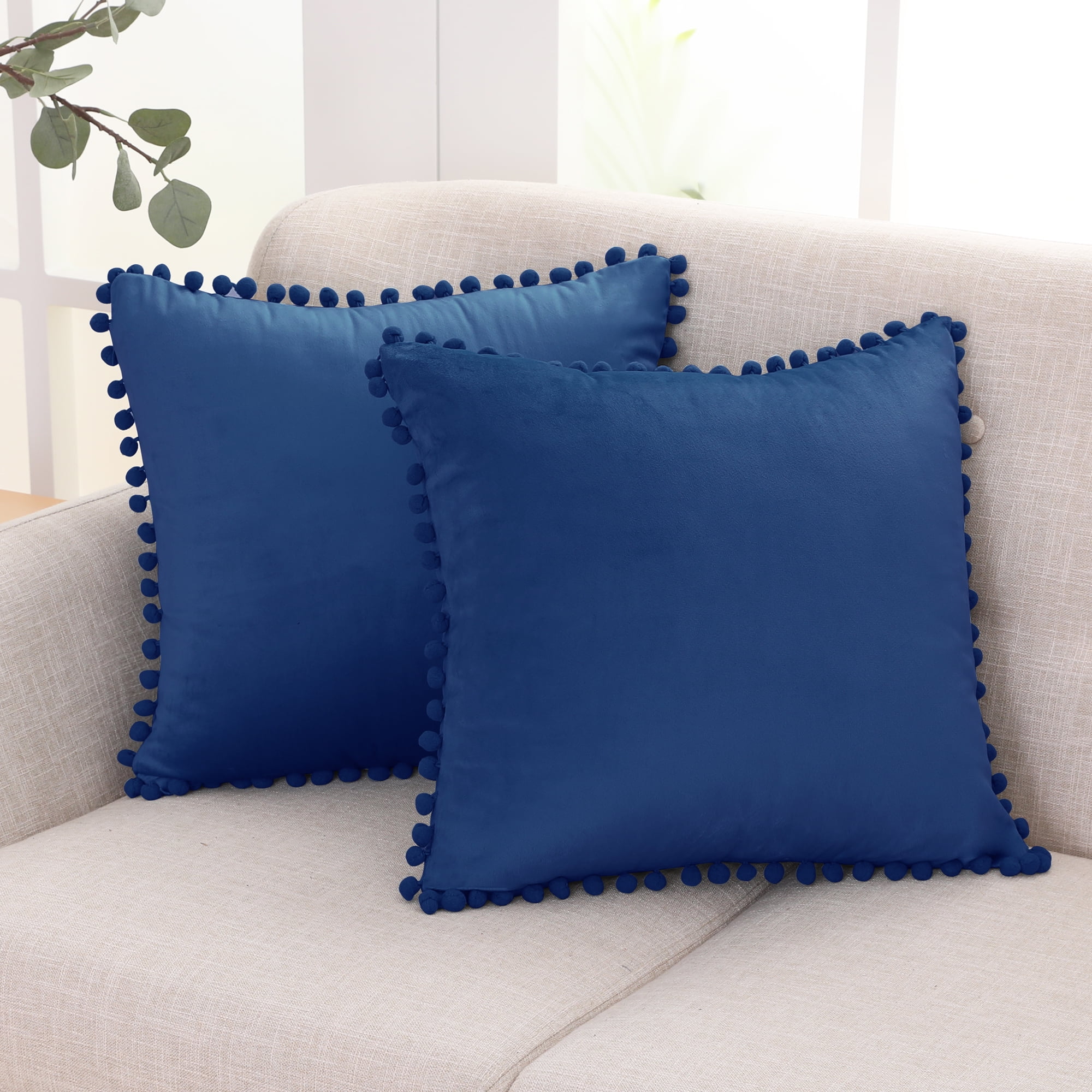 Deconovo Decorative Throw Pillow Covers 16x16 inch Velvet Pillow Cover Pom  Poms Pillowcase with Hidden Zipper,Blue, Set of 2