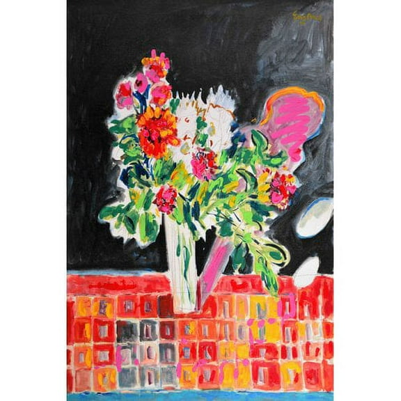 "Flowers on a Checkered Cloth" Painting Print on Wrapped Canvas