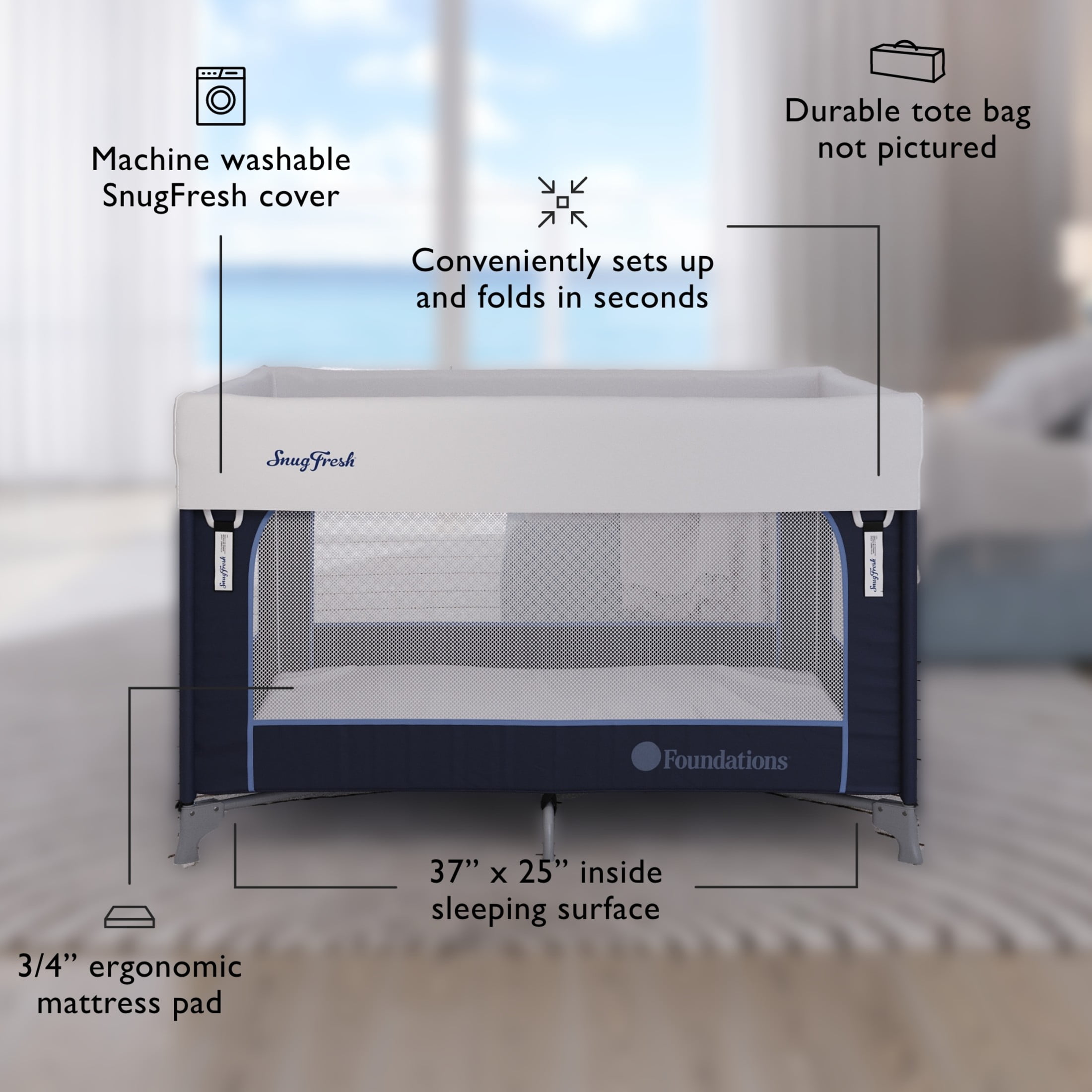 Foundations SnugFresh Celebrity Travel Play Yard with Mesh Sides, Washable Cover, and Storage Bag, Regatta Blue